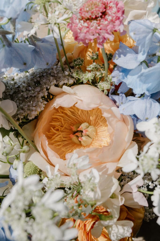 Close-up of colourful wedding flowers in soft blue, peach and yellow tones at Broxmouth Courtyard wedding.