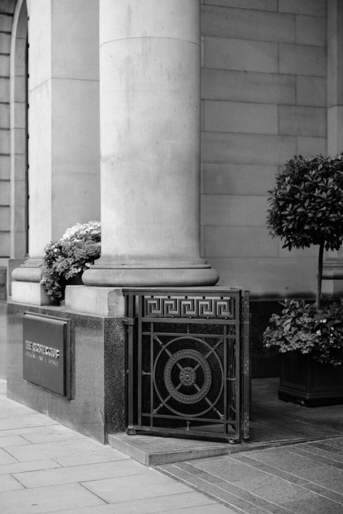 Black and white architectural detail outside The Edinburgh Grand wedding venue