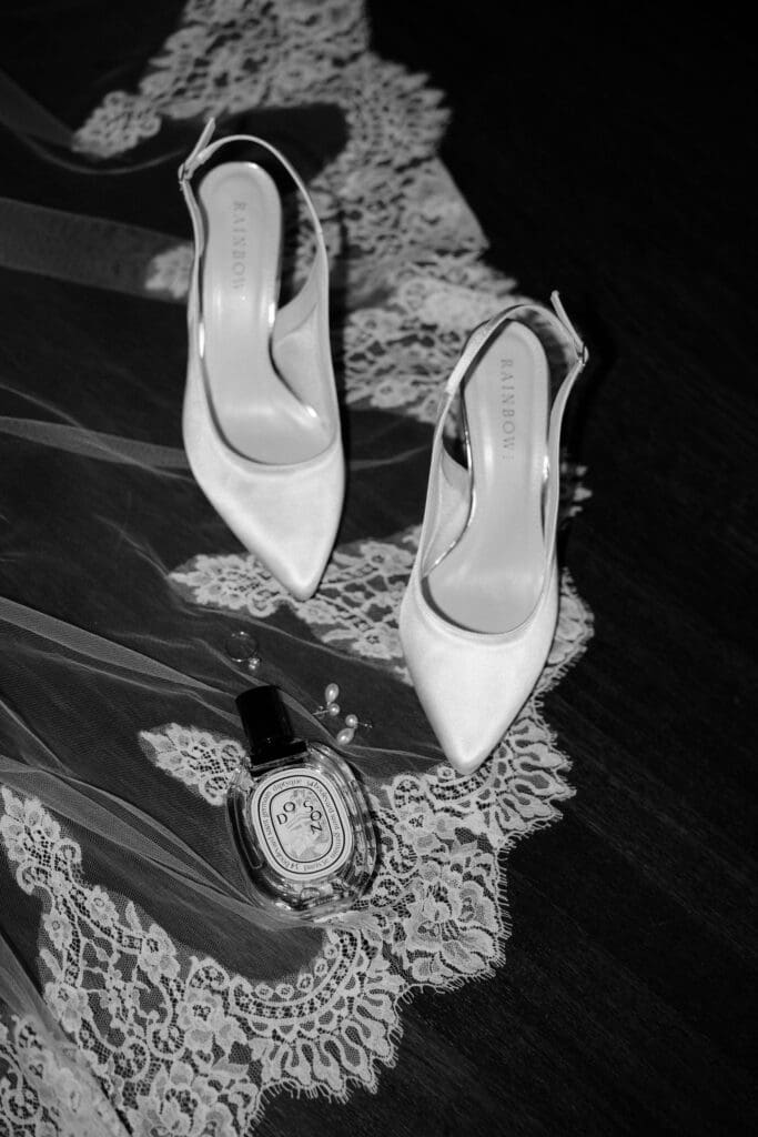 Bride’s wedding shoes and details photographed during preparations at The Edinburgh Grand
